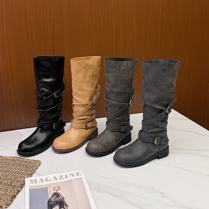 Women’s Knee-High Biker Boots with Wrap Straps and Adjustable Buckles Mune Fashion