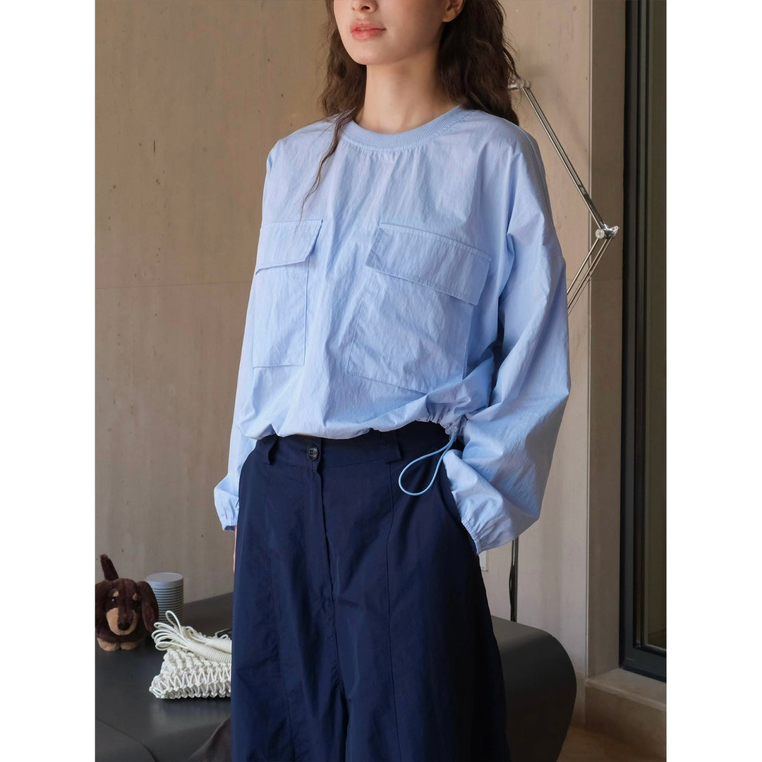 Women's Lightweight Oversized Blouse Shirt with Chest Pockets and Drawstring Hood