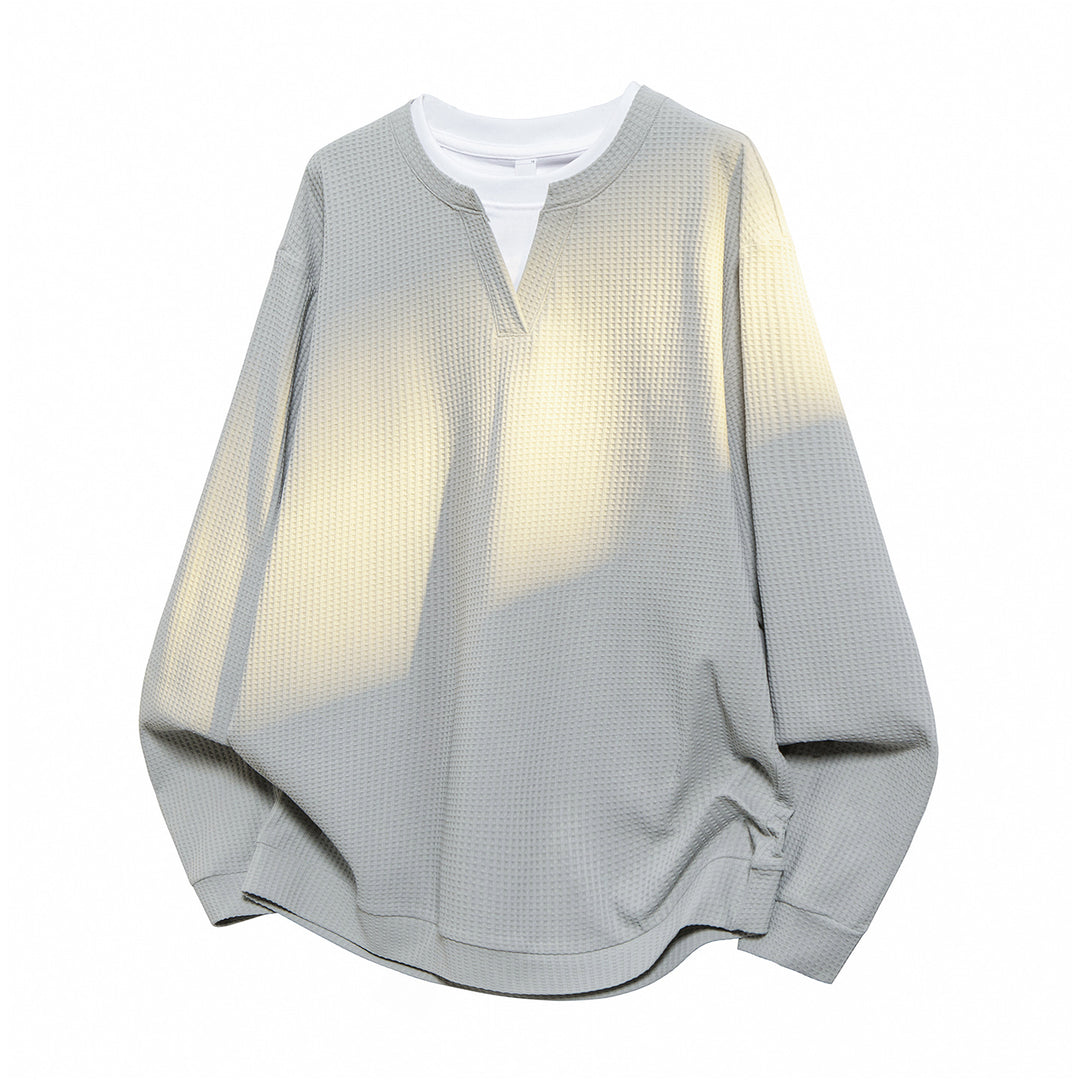 Men's Oversized Waffle Structure Long Sleeve Shirt with V Insert and Layering Look Mune Fashion