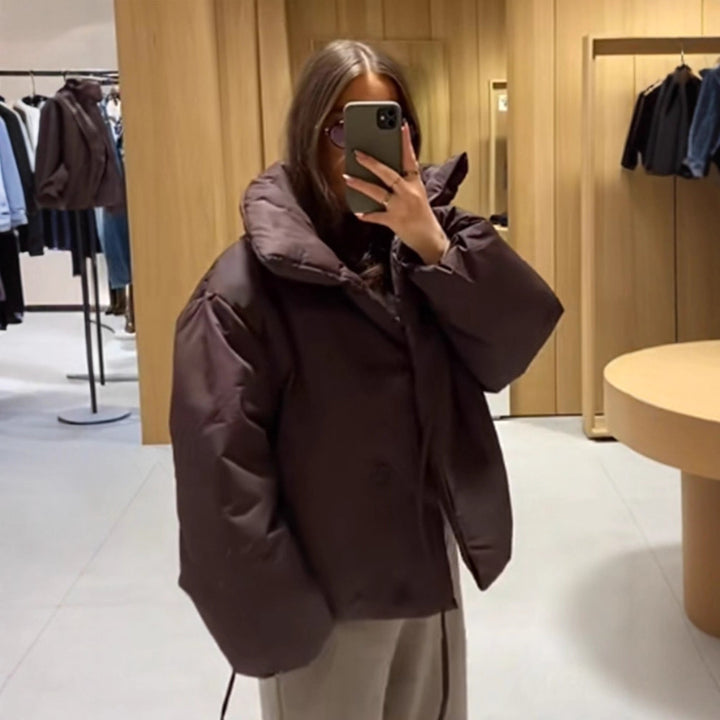 Women Short Padded Oversized Puffer Jacket with Hood and Tie Belt Mune Fashion