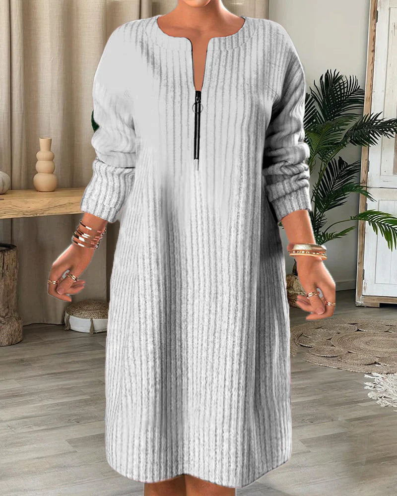 Women’s knitted ribbed tunic dress with half zip and casual A-line Mune Fashion