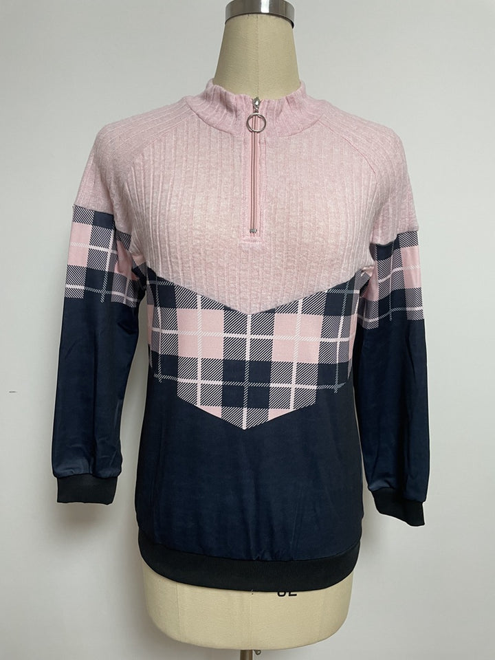 Ladies nan soft-grippy sweatshirt with short zipper, stand-up collar and check panel Mune Fashion