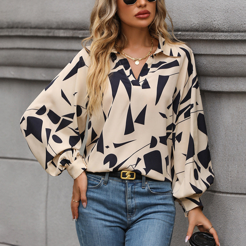Women's Elegant Blouse with Geometric Pattern and Balloon Sleeves Mune Fashion