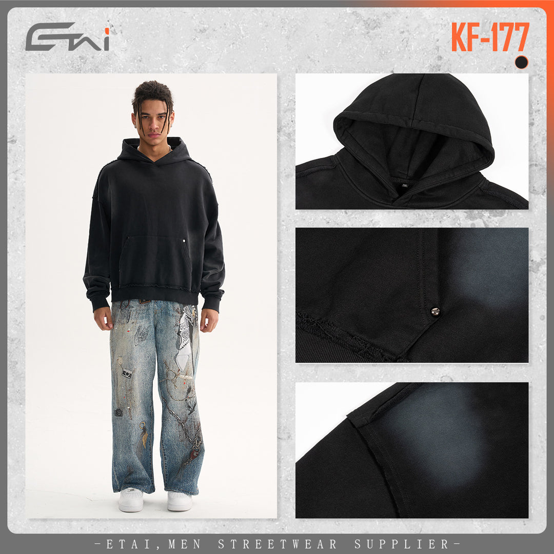 Men's Boxy Hoodie with Frayed Hem, Studded Kangaroo Pocket and Worn Spot Effect Mune Fashion