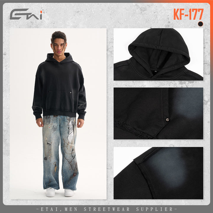 Men's Boxy Hoodie with Frayed Hem, Studded Kangaroo Pocket and Worn Spot Effect Mune Fashion