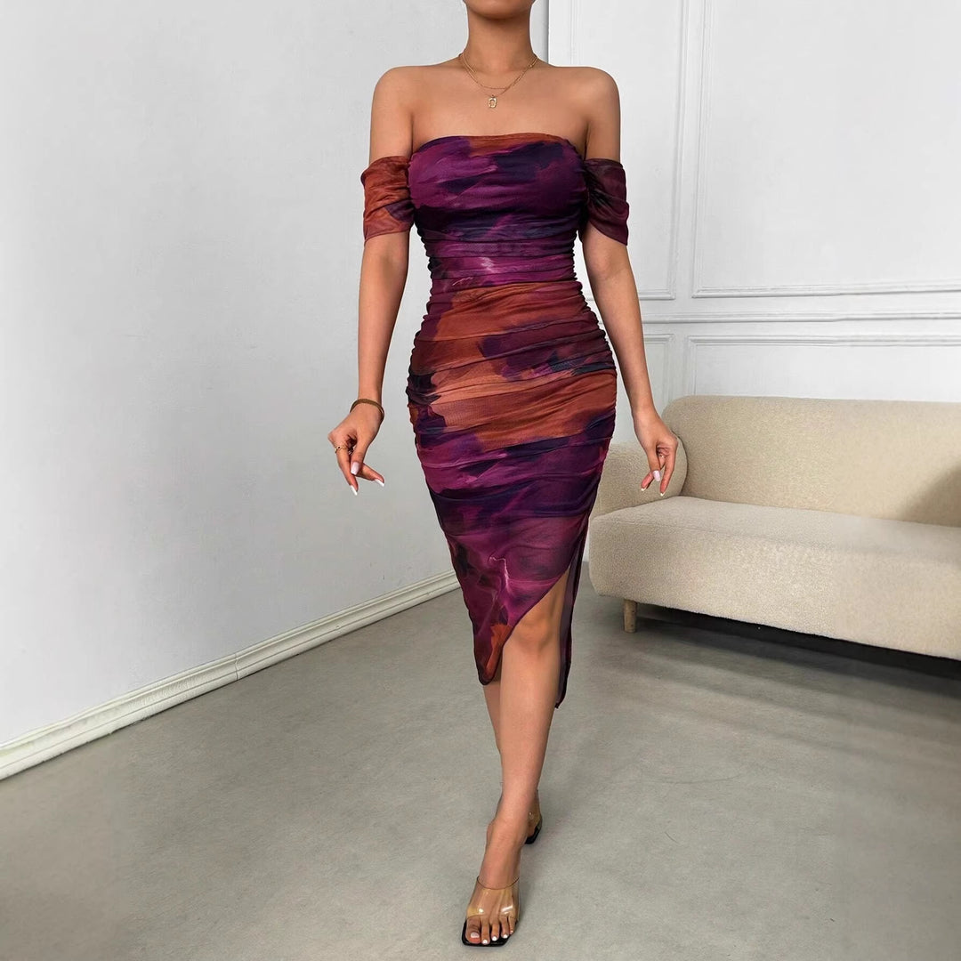 Women's Figure-hugging Off-the-shoulder Maxi Dress with Ruching, Split and Watercolor Print Mune Fashion