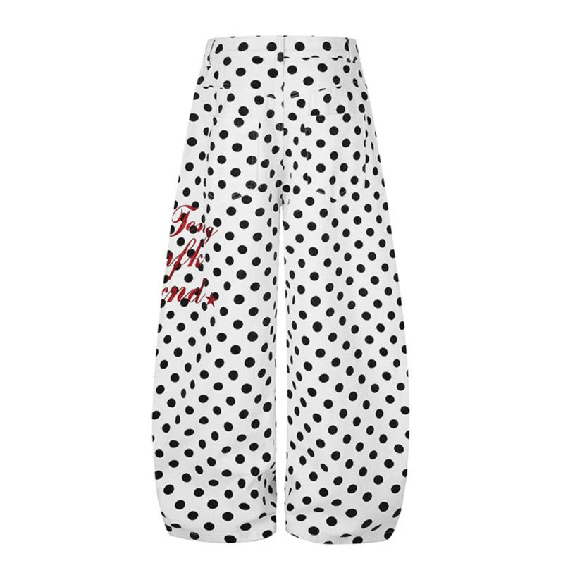 Women's Wide Culotte Jeans with Polka Dot, Balloon Shaped Hem and High Waist Mune Fashion