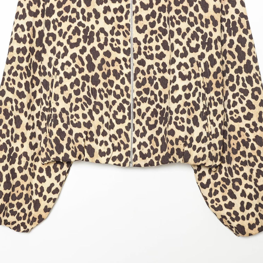 Women's Cropped Bomber Jacket in Oversized Cut with Full Length Zipper and Leopard Print Mune Fashion