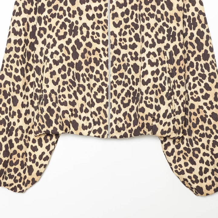 Women's Cropped Bomber Jacket in Oversized Cut with Full Length Zipper and Leopard Print Mune Fashion