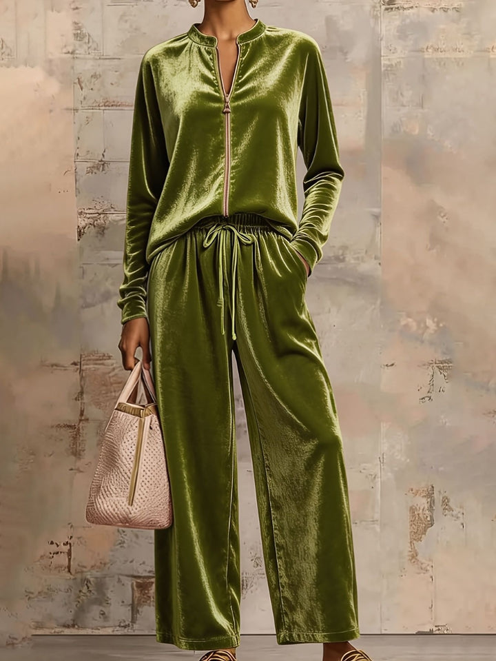 Women's velvety lounge set with stand-up collar zip top and drawstring pants Mune Fashion