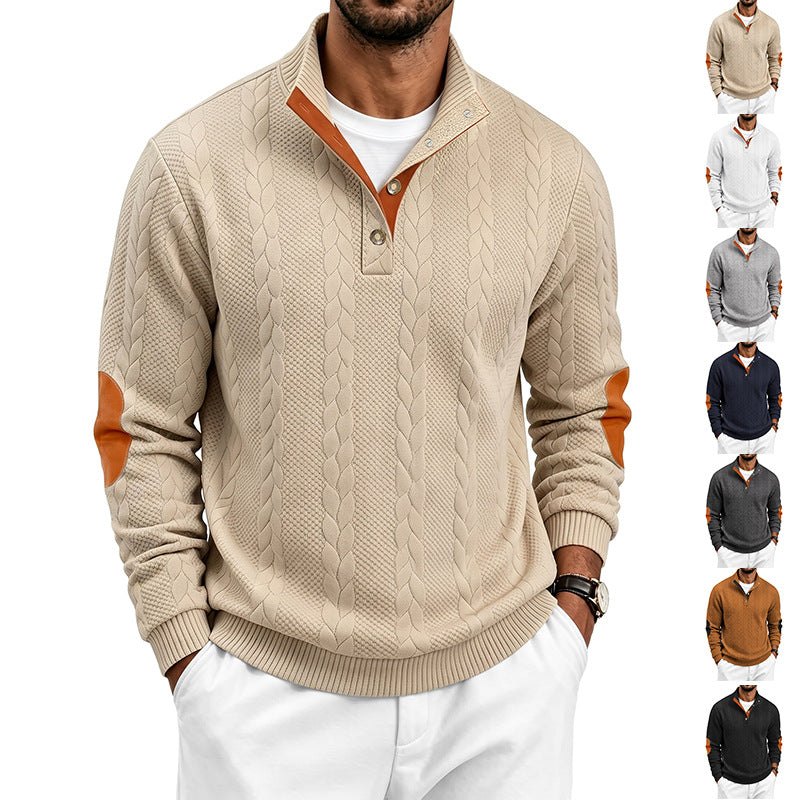 Men's troyer pullover with cable pattern, elbow patches and contrasted button placket Mune Fashion