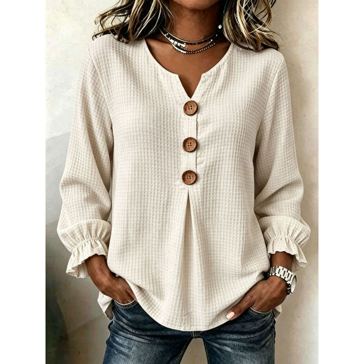 Women's Loose Cotton-Style Tunic Shirt with Decorative Button Placket and Pleat Mune Fashion