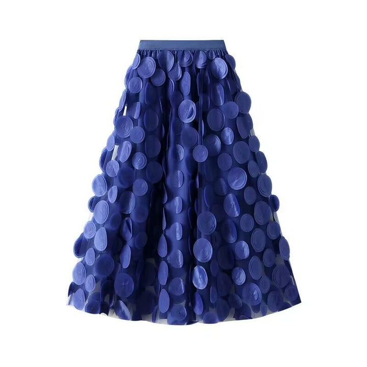 Women's flared midi skirt with transparent 3D appliqués and elastic waistband Mune Fashion