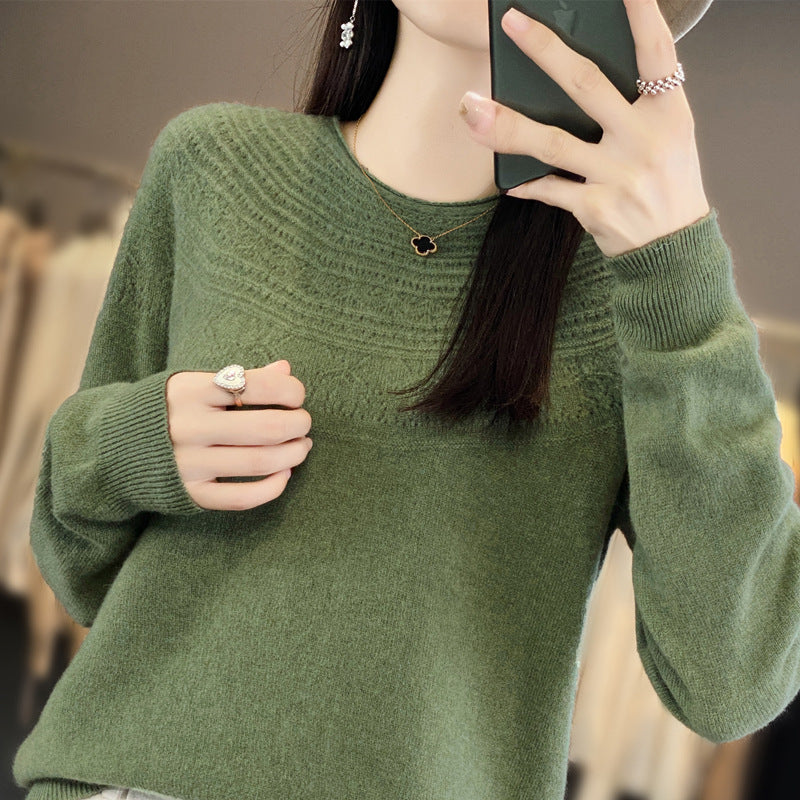 Women's Round Neck Fine Knit Sweater with Structured Yoke and Cashmere Look Mune Fashion
