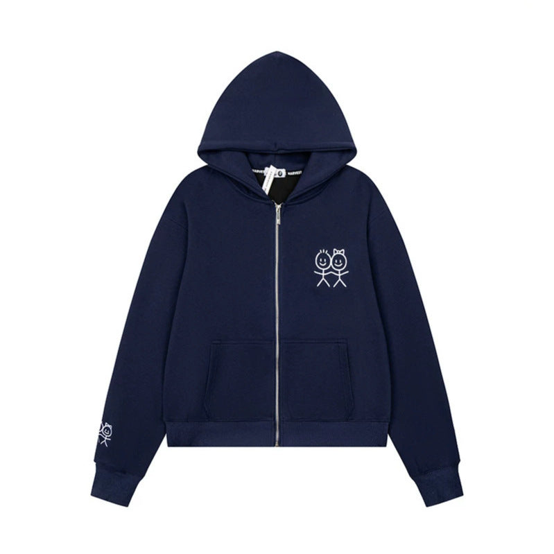 Women's hooded sweatshirt jacket with full zip lightweight French terry stick figure print and kangaroo pockets Mune Fashion