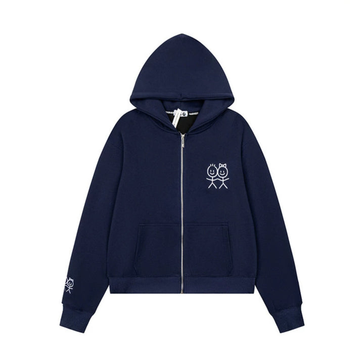 Women's hooded sweatshirt jacket with full zip lightweight French terry stick figure print and kangaroo pockets Mune Fashion