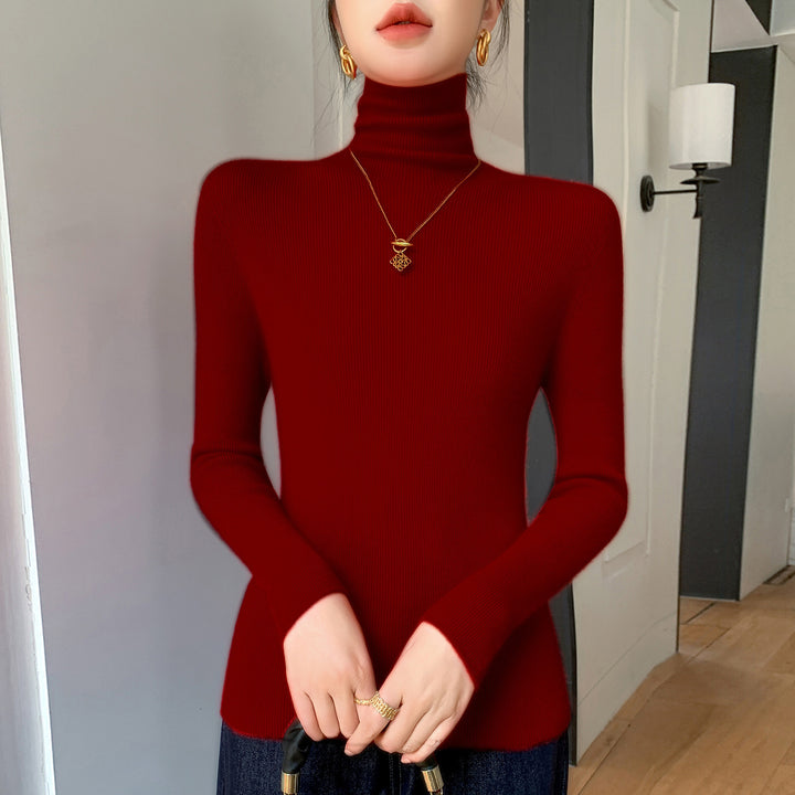 Women Slim Fine Knit Sweater with High Roll Neck and Fine Rib Structure Mune Fashion