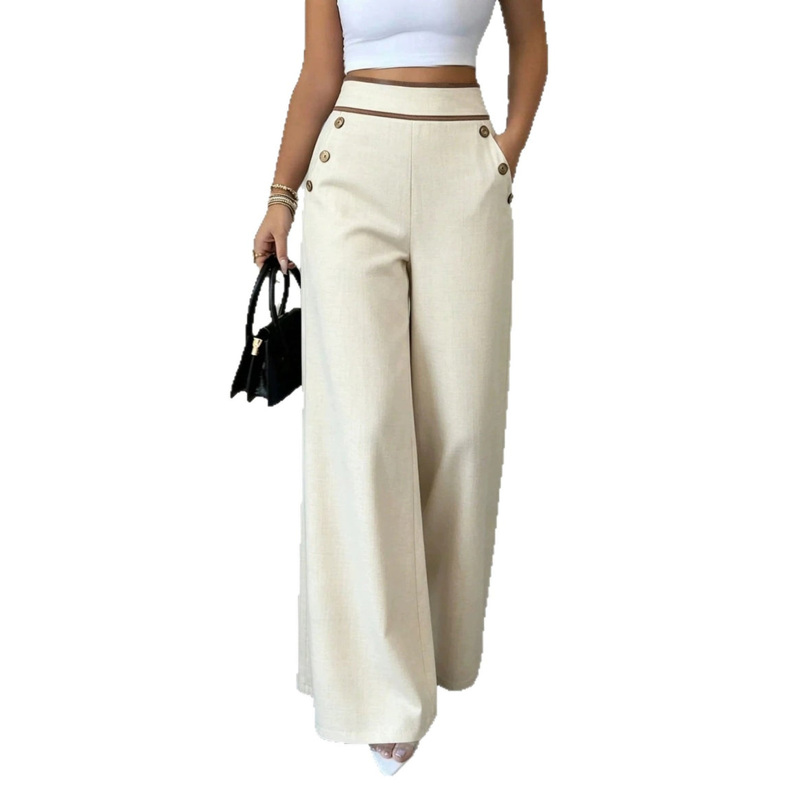 Women's High-Waisted Palazzo Pants with Decorative Buttons and Wide Legs Mune Fashion
