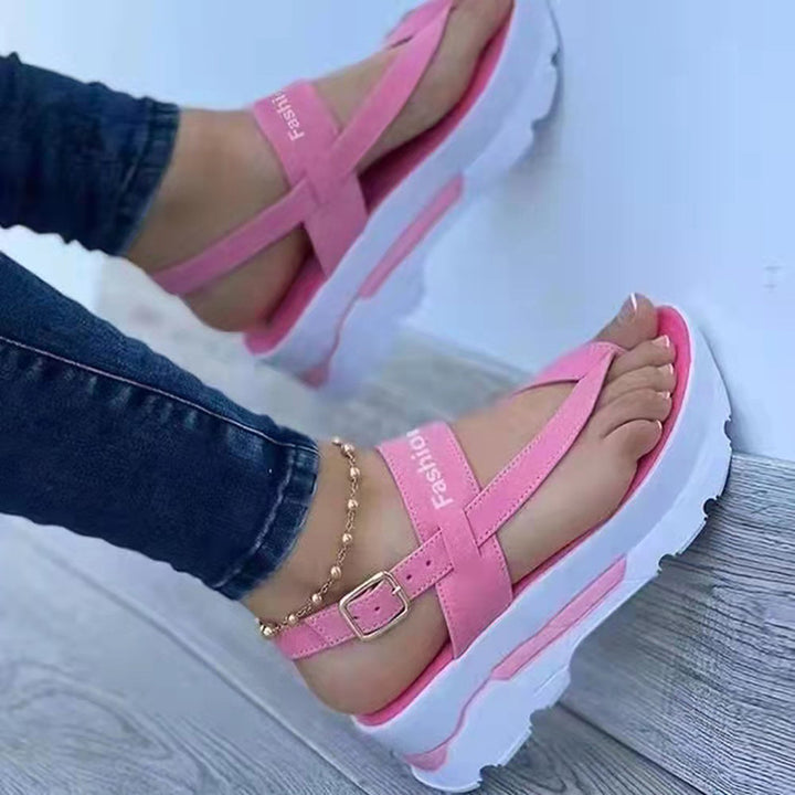 Women’s platform sandals with toe post, padded footbed, and adjustable ankle strap Mune Fashion