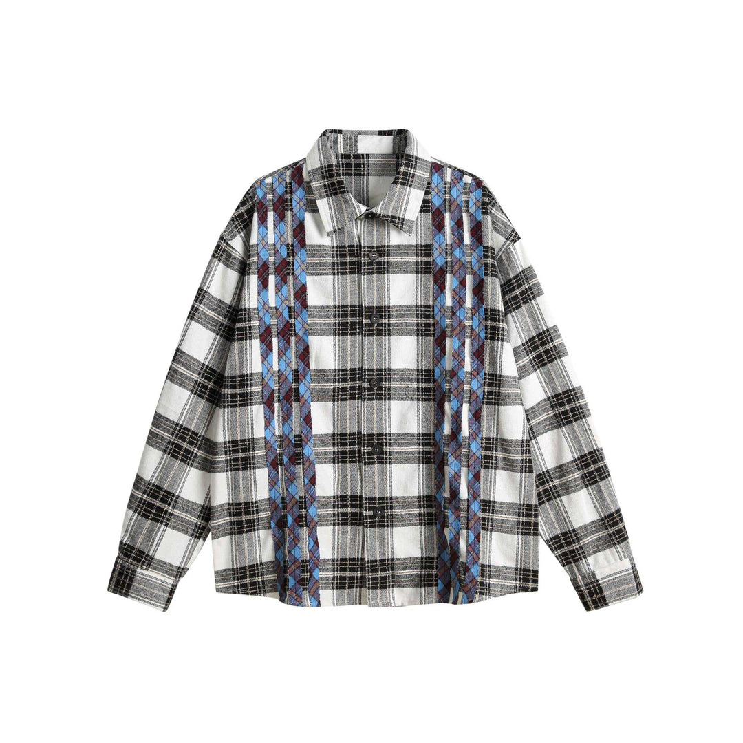 Unisex Oversized Shirt Jacket in Check Mix with Vertical Argyle Embroidery Mune Fashion