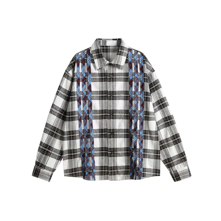Unisex Oversized Shirt Jacket in Check Mix with Vertical Argyle Embroidery Mune Fashion