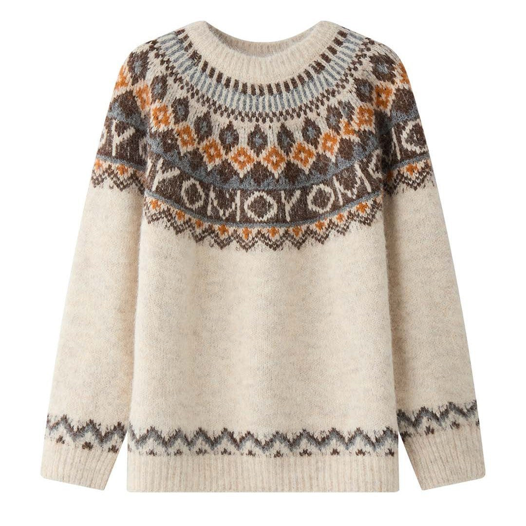 Women's chunky knit crew neck sweater with Norwegian jacquard and mohair mix Mune Fashion