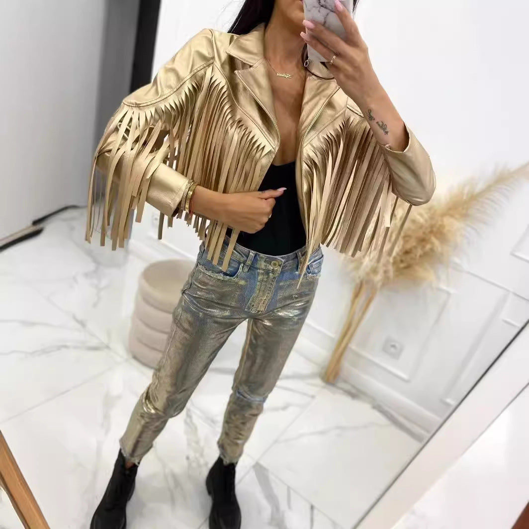 Women’s short jacket in biker style with metallic look and long leather fringes Mune Fashion