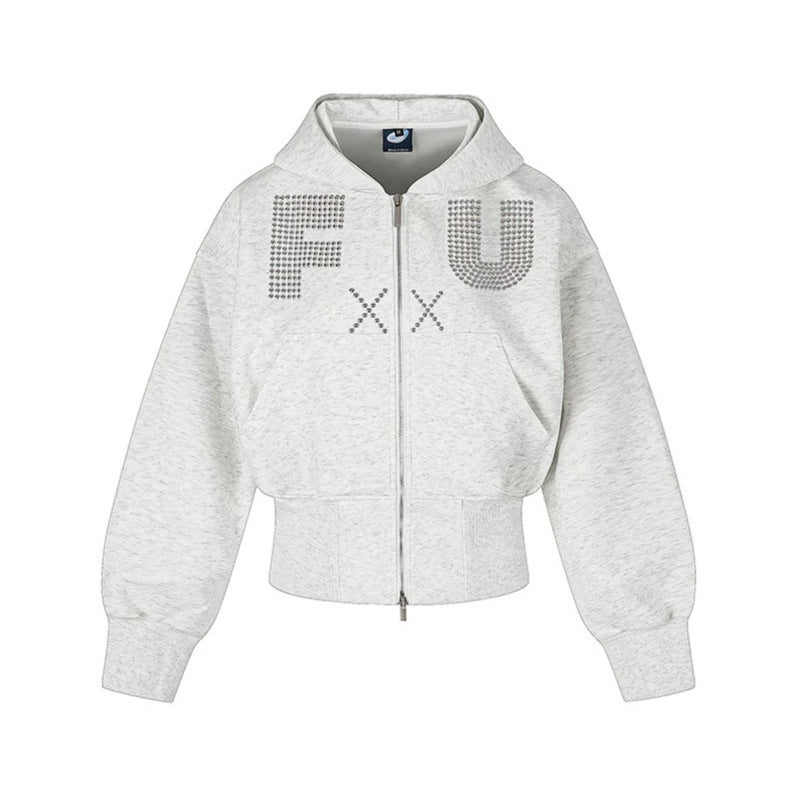 Ladies Short Hooded Sweat Jacket with Full Zip, Wide Ribbed Hem and Rhinestone Logo Mune Fashion