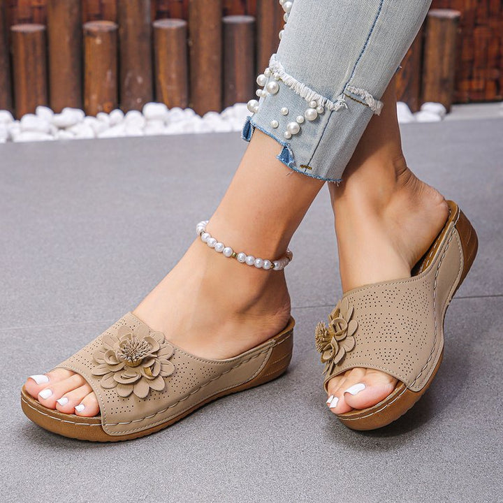 Ladies Padded Wedge Slip-Ons with 3D Flower Application and Ergonomic Comfort Footbed Mune Fashion