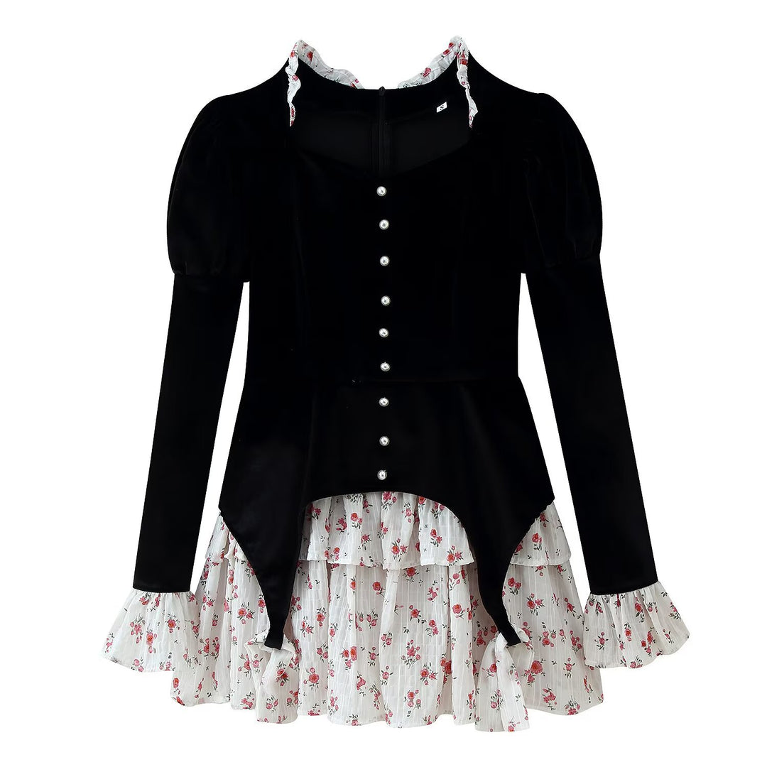 Women's Velvet Cropped Jacket with Pointed Peplum, Pearl Button Placket and Ruffled Sleeves Mune Fashion