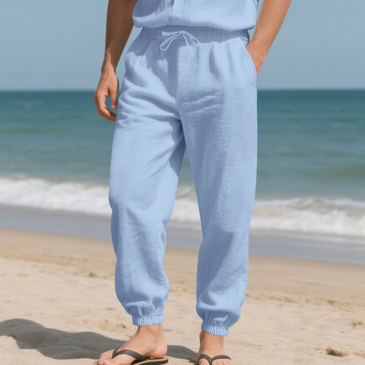 Men's Lightweight Linen Look Lounge Pants with Drawstring, Elastic Ankle Cuffs & Side Pockets Mune Fashion