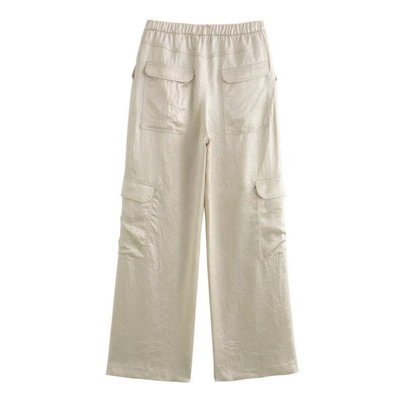 Women's Wide Cargo Pants with Elastic Waistband and Flap Pockets Mune Fashion