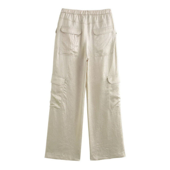 Women's Wide Cargo Pants with Elastic Waistband and Flap Pockets Mune Fashion