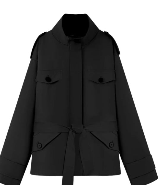 Women's Tailored Utility Jacket with Tie Belt, High Stand Collar and Flap Pockets Mune Fashion