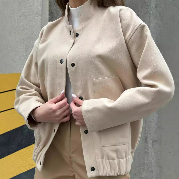Ladies short-cut bomber jacket made of wool blend with snap button closure and elastic hem Mune Fashion