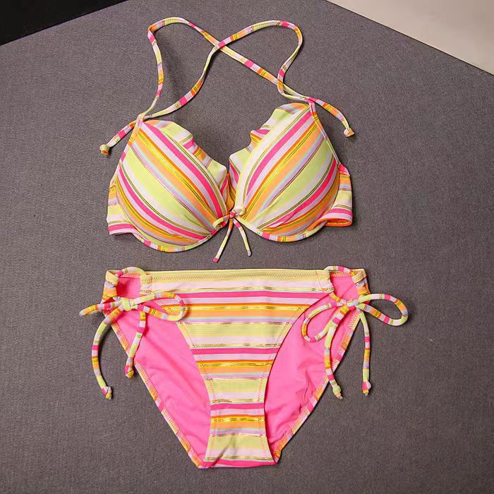 Women's triangle bikini with playful ruffle design and colorful stripe pattern Mune Fashion