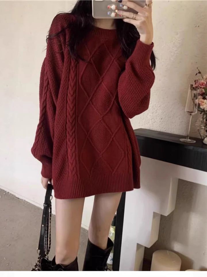 Women Oversize Cable Knit Long Sweater with Round Neck and Balloon Sleeves Mune Fashion