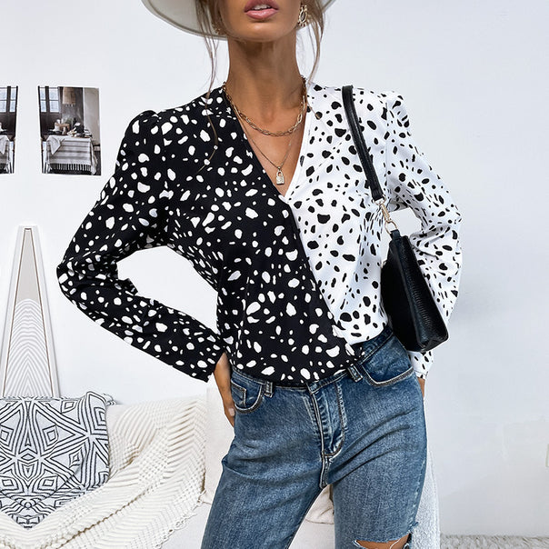 Ladies Light Long Sleeve Blouse with Diagonal Two-Color Look and Polka Dot Pattern Mune Fashion