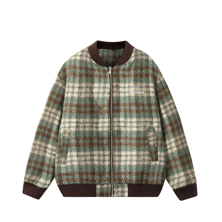 Unisex Short boxy cut wool mix bomber with check pattern and ribbed cuff Mune Fashion
