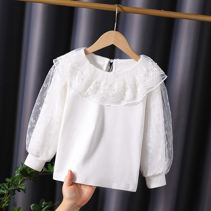 Girls blouse with floral tulle collar and elegant puff sleeves Mune Fashion