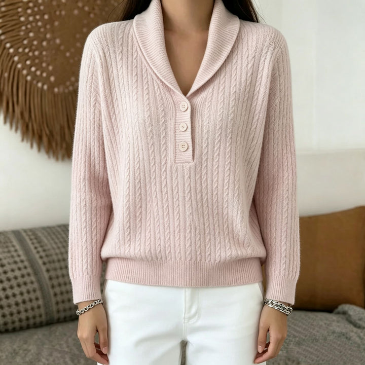 Women's knitted sweater with shawl collar, cable pattern, and button placket Mune Fashion