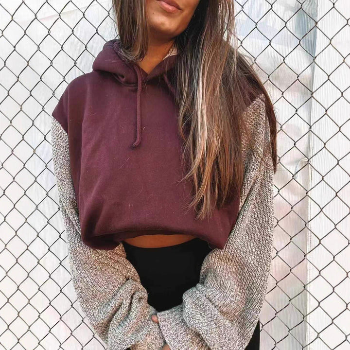 Women's Hooded Cropped Pullover with Wide-Cut Knitted Sleeves and Drawstring Mune Fashion