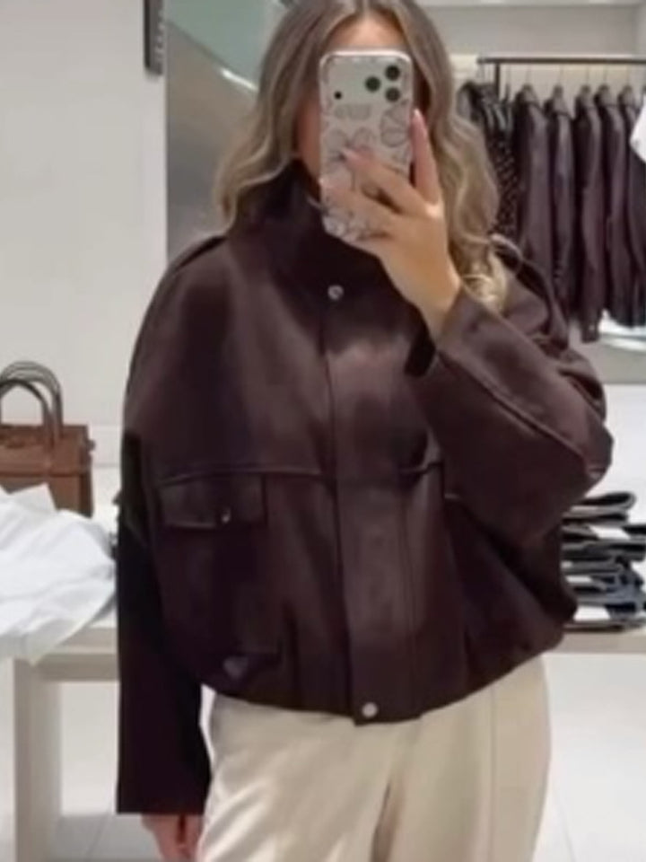 Women's Oversized Cropped Faux Leather Jacket with Stand Collar and Flap Pockets Mune Fashion