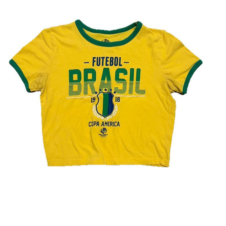 Women's short cotton T-shirt with Brazil soccer print and contrast cuffs Mune Fashion