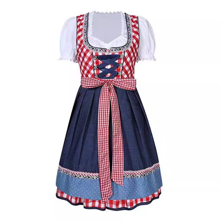 Ladies short traditional dirndl with heart-shaped neckline corset and checkered apron Mune Fashion