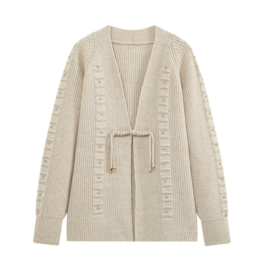 Ladies chunky knit cardigan with rhinestone trim, braided cord, and open V-neck Mune Fashion