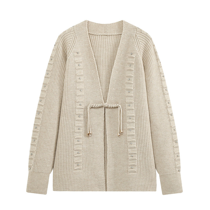 Ladies chunky knit cardigan with rhinestone trim, braided cord, and open V-neck Mune Fashion