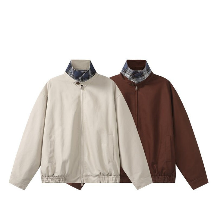 Unisex Short-Cut Boxy Blouson Jacket with Checked Stand Collar, Elastic Hem, and Two-Way Zipper Mune Fashion