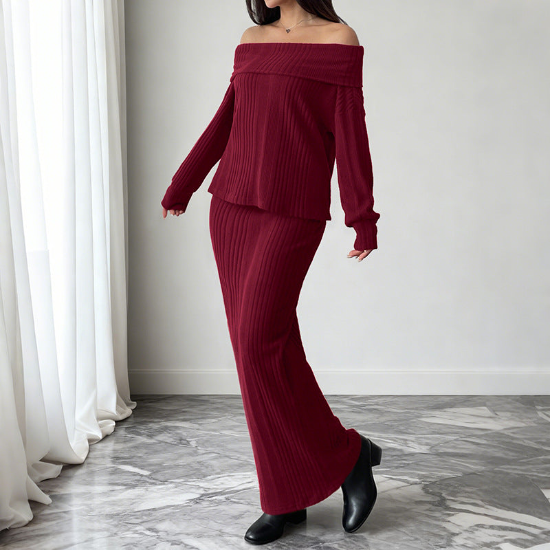 Women's Off-Shoulder Rib Knit Set with Off-Shoulder Top and Form-Fitting Maxi Skirt Mune Fashion