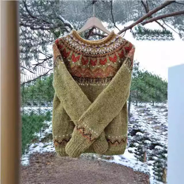 Women's Norwegian sweater made of wool blend with round neck and traditional Fair Isle yoke Mune Fashion